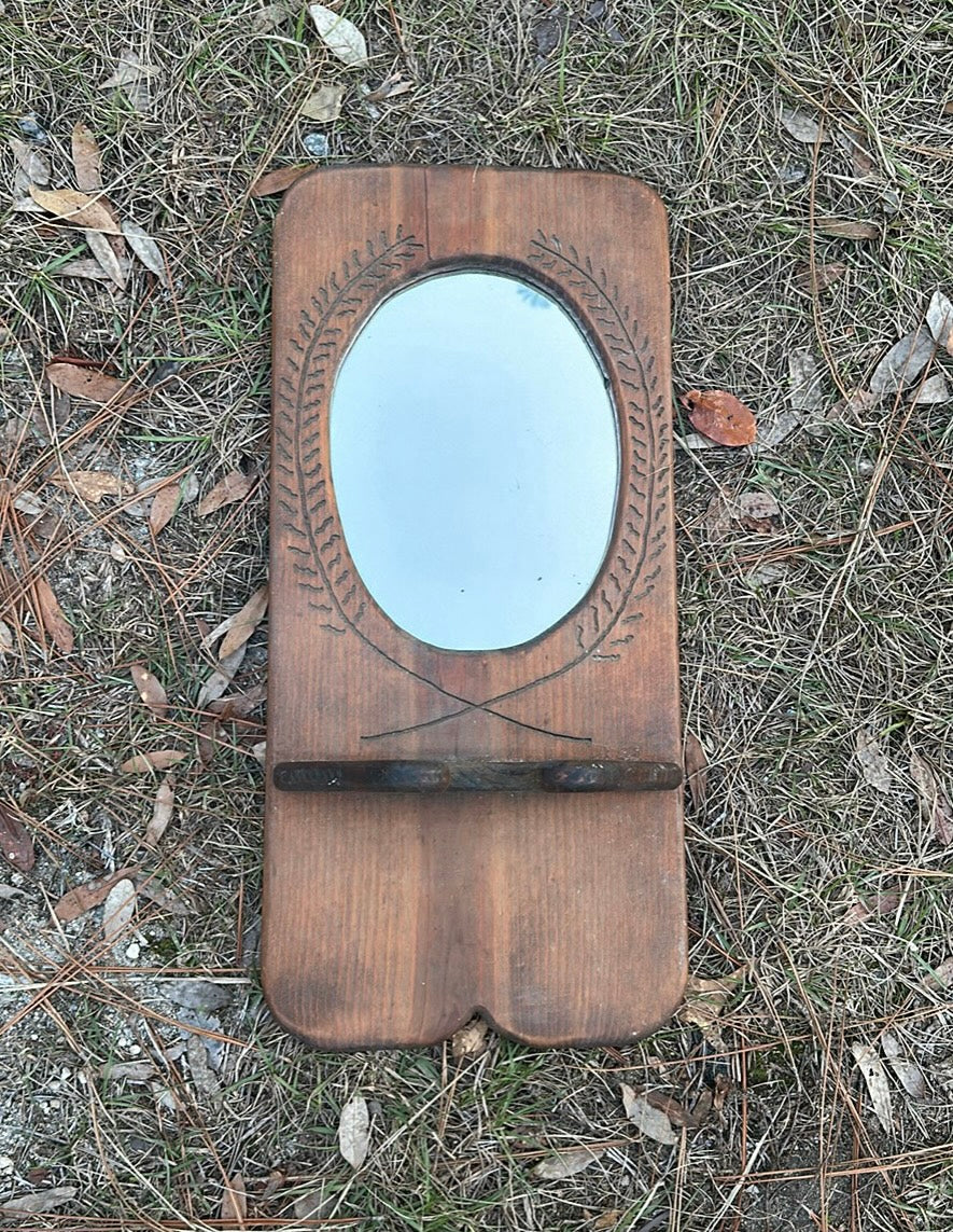 Rustic antique solid wood mirror with oil lamp holder