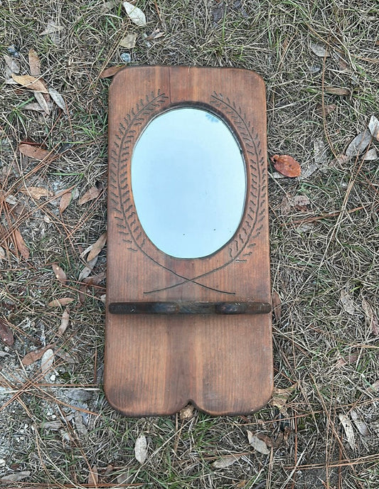 Rustic antique solid wood mirror with oil lamp holder