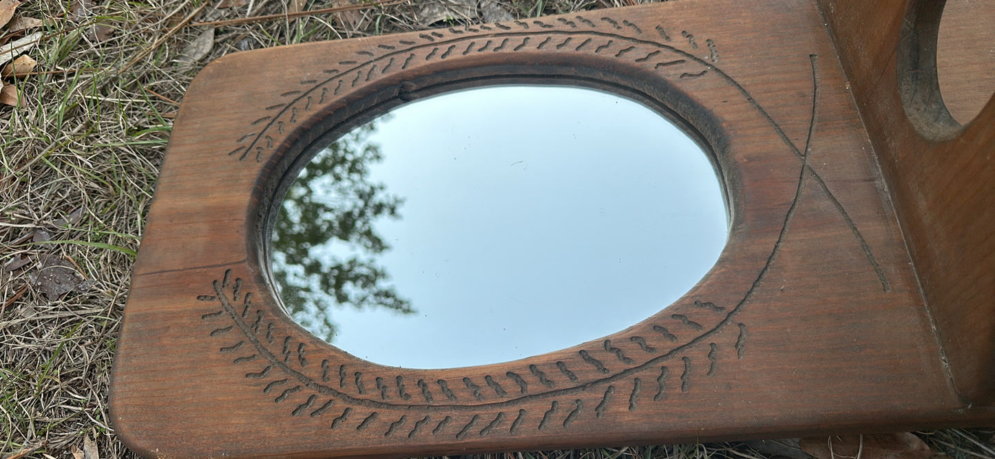 Rustic antique solid wood mirror with oil lamp holder