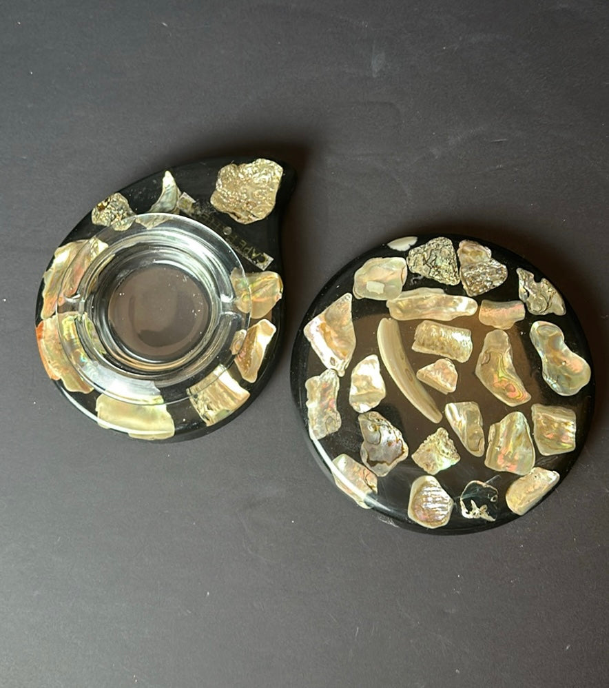 Vintage 60s Lucite + Abalone Ashtray & Trivet