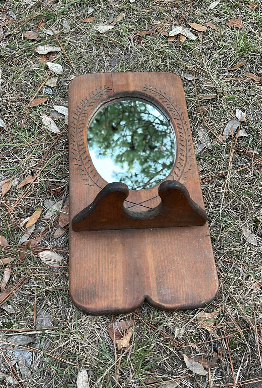 Rustic antique solid wood mirror with oil lamp holder