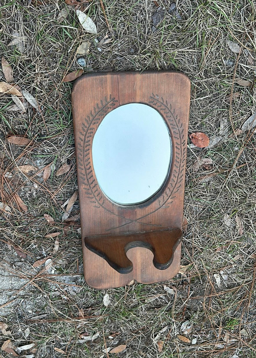 Rustic antique solid wood mirror with oil lamp holder